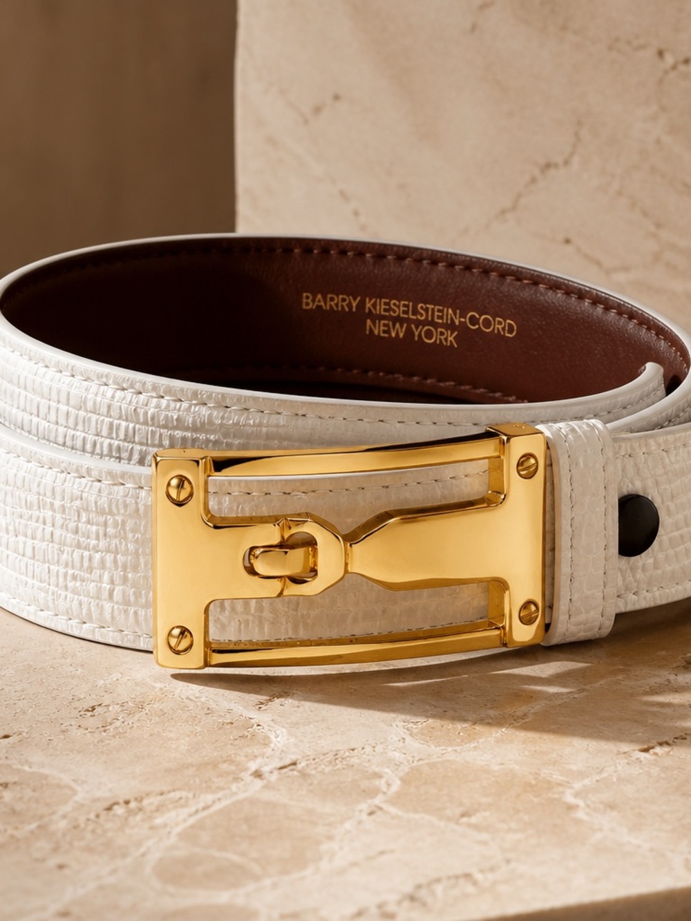 Barry Kieselstein-Cord White lizard Leather Belt with Gold Buckle